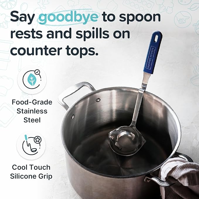 Souper Cubes + Lori Greiner No Mess Stainless Steel Soup Ladle with Silicone Handle - Metal Soup Ladle with No Mess Design That Hooks on Side of Any Pot - Blueberry - Image 3