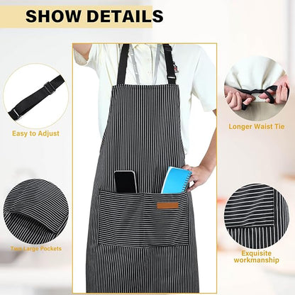 Handepo 4 Pcs Kitchen Aprons with Pockets Adjustable Waterproof Cotton Aprons Striped Apron for Women Men Chef Mother Gift - Image 3