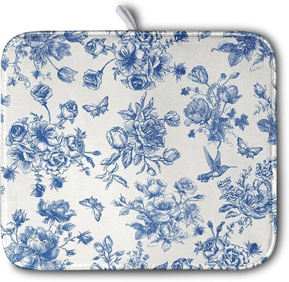 Dish Drying Mat for Kitchen Counter Blue and White Floral Drying Mats Chinoiserie Vintage Flowers Dish Drying Pad for Dishes Microfiber Absorbent Dish Drainer Rack Mat for Countertop 16x18 Inch by Kwlegh