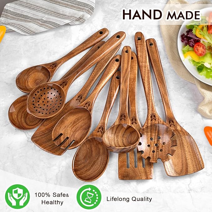 Wooden Spoons for Cooking, 10 Pcs Natural Teak Wood Kitchen Utensils Set, Comfortable Grip Wooden Utensil Set for Nonstick Pans & Cookware, Heat Resistant Wooden Spoons Wooden Spatulas Set - Image 6