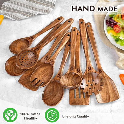 Wooden Spoons for Cooking, 10 Pcs Natural Teak Wood Kitchen Utensils Set, Comfortable Grip Wooden Utensil Set for Nonstick Pans & Cookware, Heat Resistant Wooden Spoons Wooden Spatulas Set - Image 6