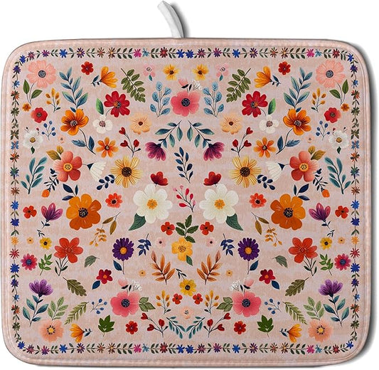 Boho Floral Dish Drying Mat - Pink Wildflower Absorbent Microfiber Kitchen Counter Pad for Home Coffee Bar Decor by Giwawa