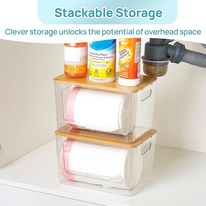 Vtopmart 2 Pack Trash Bag Holder with Bamboo Lid, Stackable Garbage Bag Dispenser for 13/30/33 Gallon Bags, Clear Organizer Bins for Under Kitchen Sink, Laundry Room Organization and Storage - Image 5