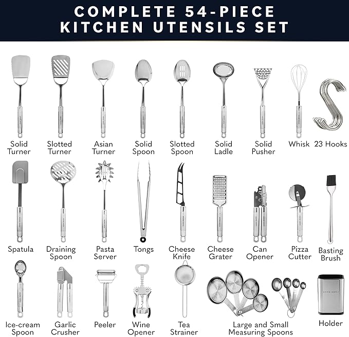 Home Hero 54-Piece Stainless Steel Kitchen Utensils Set - Heat-Resistant Nonstick Silicone & Stainless Steel Cooking Utensils - Complete Tools with Slotted Spoon & Pasta Spoon - Pack of 54, Silver - Image 2