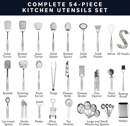 Home Hero 54-Piece Stainless Steel Kitchen Utensils Set - Heat-Resistant Nonstick Silicone & Stainless Steel Cooking Utensils - Complete Tools with Slotted Spoon & Pasta Spoon - Pack of 54, Silver - Image 2