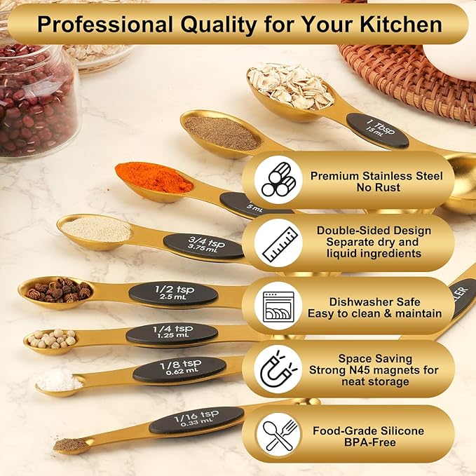 Gold Magnetic Measuring Spoons Set Stainless Steel with Leveler, Dual-Sided Stackable Metal Measuring Spoons for Baking & Cooking, Fits in Spice Jars, Heavy Duty Kitchen Gadgets, 8 Spoons & 1 Leveler - Image 5