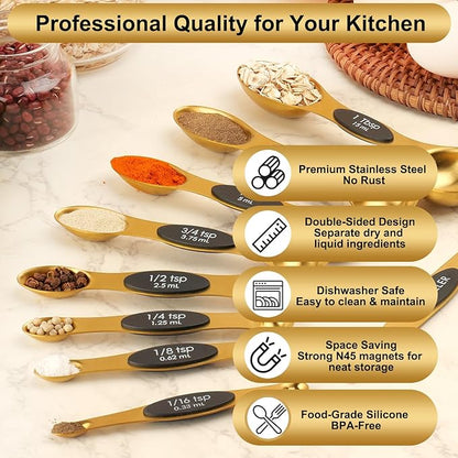 Gold Magnetic Measuring Spoons Set Stainless Steel with Leveler, Dual-Sided Stackable Metal Measuring Spoons for Baking & Cooking, Fits in Spice Jars, Heavy Duty Kitchen Gadgets, 8 Spoons & 1 Leveler - Image 5