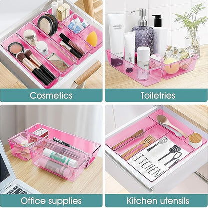 WOWBOX 25 PCS Plastic Drawer Organizer Set, 4 Sizes Desk Drawer Divider Organizers and Storage Bins for Makeup, Jewelry, Gadgets for Kitchen, Bedroom, Bathroom, Office, Clear Pink - Image 5