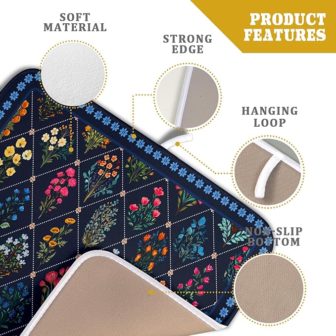 Lapis Blue Dish Drying Mat for Kitchen Counter Flowers Microfiber Absorbent Dish Draining Reusable Washable Small - Image 4