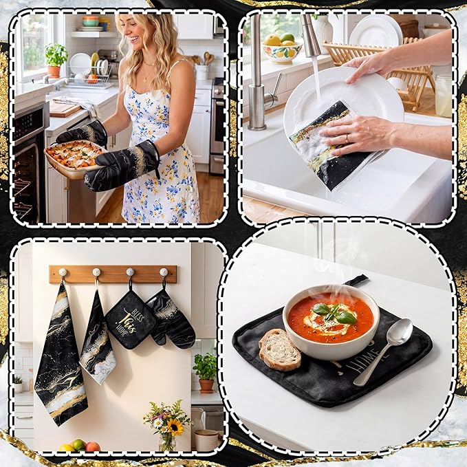 Bencailor 12 Pcs Marble Kitchen Decor and Accessories Sets 4 Black and Gold Marble Kitchen Towels 4 Farmhouse Absorbent Dishcloths 2 Pot Holders 2 Oven Mitts Gloves for Home Decor Mom Gifts