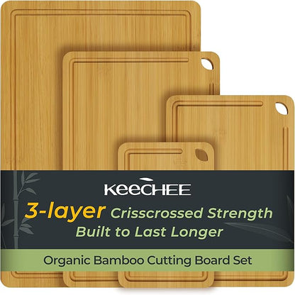 Keechee 4-Pcs Natural Wood Cutting Board Set Kitchen Tools with Juice Groove, Wooden Chopping Board for Meat, Fruit, Vegetables & Cheese (Pre Oiled, Natural) by Keechee