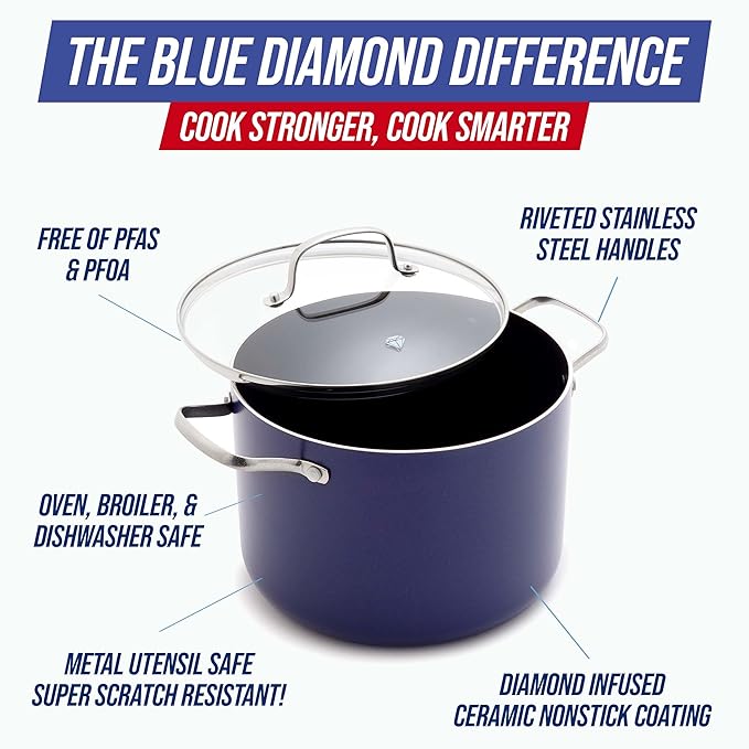Blue Diamond 8QT Nonstick Stockpot with Glass Lid, PFAS-Free Ceramic, Multipurpose Cooking, Sauces & Soups, Pasta, Boiling & Canning Pot, Dishwasher & Oven Safe, Stainless Steel Handles, Navy - Image 3