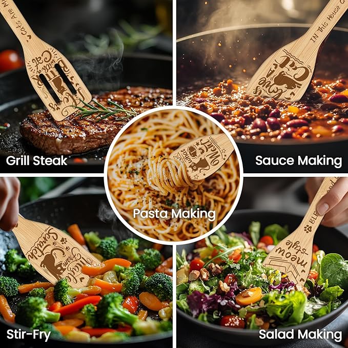 CUTHOLLOW 6PCS Cartoon Cats Wooden Kitchen Cooking Utensil Set, 11.9in Non Toxic Bamboo Wood Spoon Set for Cooking, Best Housewarming Birthday Thanksgiving Christmas Gift for Women Mother