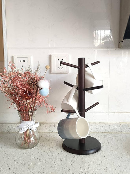 Dorhors Mug Tree,Coffee Cup Holder with 6 Hooks,Wood Mug Holder for Counter,Coffee Bar Accessories and Orgnizer Station (Brown)