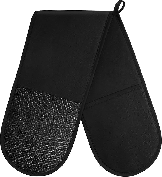 AUAUY Black Double Oven Mitts, 250°C/482°F Heat Resistant BBQ Mittens with Ropes, Silicone Non-Slip Design Kitchen Mittens, Cooking Glove Top Kitchen Gadgets for Cooking Baking Grilling by AUAUY