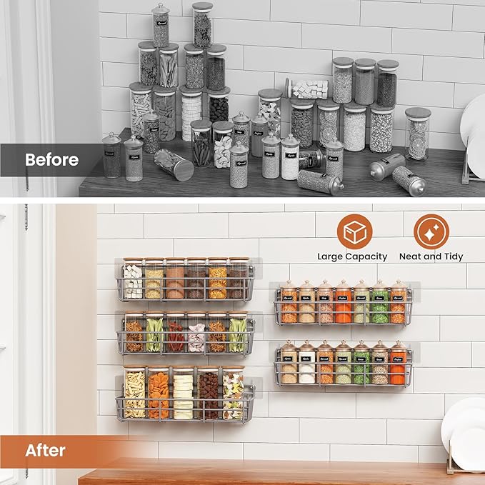 Mystozer 5 Pack Spice Rack Seasoning Organizer Wall Mount, Spice Storage Spice Rack Organizer Pantry Door Organizer Screw or Adhesive Hanging Shelf Basket Spice Organizer Shelf for Kitchen (Gray) - Image 5