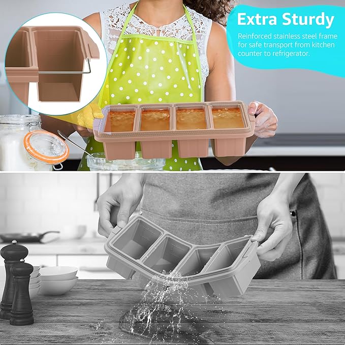 Ztomine Silicone Freezer Tray With Lid - Silicone Freezer Food Molds- Large Ice Cube Tray,Silicone Freezer Container,Freeze & Store Soup, Sauce, Broth,Leftovers - Makes 4 Perfect 1 Cup - Image 4