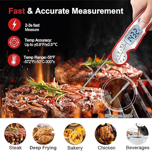 Meat Thermometer Digital - Fast Instant Read Food Thermometer for Cooking, Candy, Outside Grill, and Roast, Digital Food Thermometer with Backlight LCD & Calibration - Red/Silver - Image 2