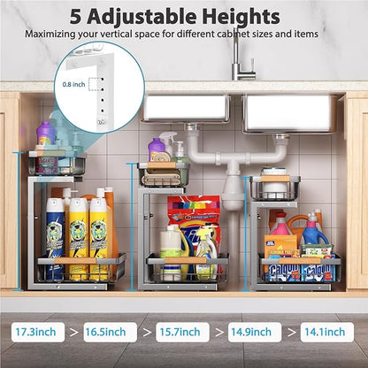 Liuoud Under Sink Organizer 2 Pack, 2 Tier Slide Out Large Capacity Height Adjustable Under Sink Organizers and Storage for Kitchen Bathroom Cabinet, Grey