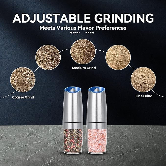 UNNEES Gravity Electric Salt and Pepper Grinder set of 2, Automatic Salt And Pepper Grinder Set, Adjustable Roughness, Battery Powered, LED Light, 2 Pack, (Silver) - Image 3