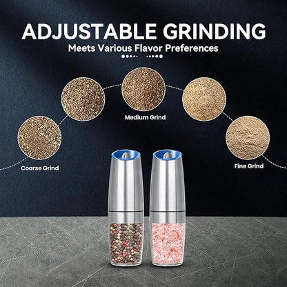 UNNEES Gravity Electric Salt and Pepper Grinder set of 2, Automatic Salt And Pepper Grinder Set, Adjustable Roughness, Battery Powered, LED Light, 2 Pack, (Silver) - Image 3