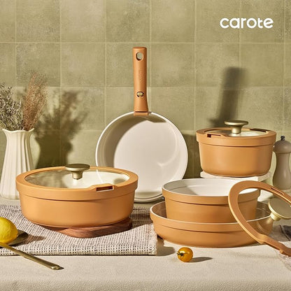 Carote 20pcs Ceramic Cookware Set with Detachable Handles, Pots and Pans Set Non Stick, RV Kitchen Cooking Pot and Pan, Dishwasher Safe, Non-toxic Induction Cookware PFAS and PFOA Free,Orange - Image 8