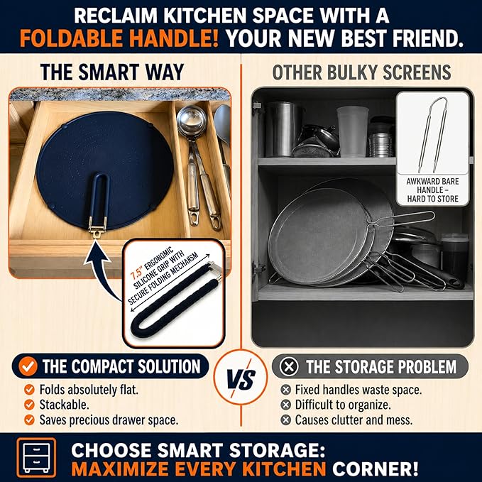 Silicone Splatter Screen for Frying Pan, 13” Navy – Grease & Oil Splatter Guard, Heat Resistant, Dishwasher Safe, Foldable Handle with Sleeves – Splash Guard Fits 10–12” Pans, Most 13” Skillets - Image 3
