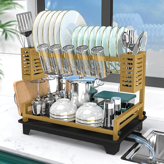 B-Land Dish Drying Rack, 2 Tier Dish Racks for Kitchen Counter, Large Dish Drying Rack with Drainboard & Utensil Holders, Rust-Proof Dish Drainers,Kitchen Organization Gold by B-Land