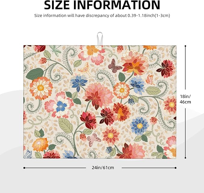 Mandala Flowers Dish Drying Mat 18x24 Inch, Microfiber Absorbent Fast Dry Mat Colorful Floral Large Dish Mat Drying Kitchen Mat, Kitchen Drying Pad for Kitchen Counter Coffee Bar Decor Gifts
