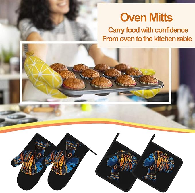 Black Women Oven Mitts & Potholder Set of 4 - Heat Resistant Kitchen Gloves Hot Pads for Baking, Cooking, Gifts for Women
