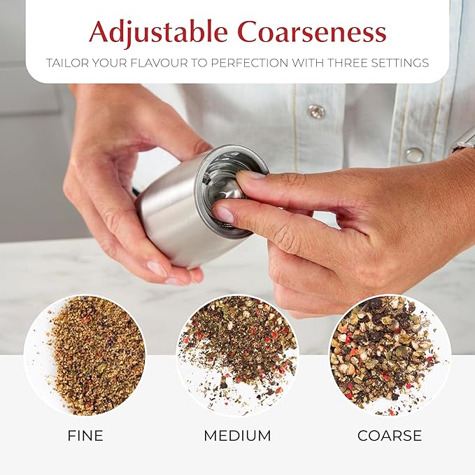 Urban Noon Gravity Salt and Pepper Grinder Set - Battery Operated Stainless Steel Mills with Light (2 Grinders) - Automatic One Handed Operation - Electric Adjustable Shakers - Ceramic Grinders - Image 5