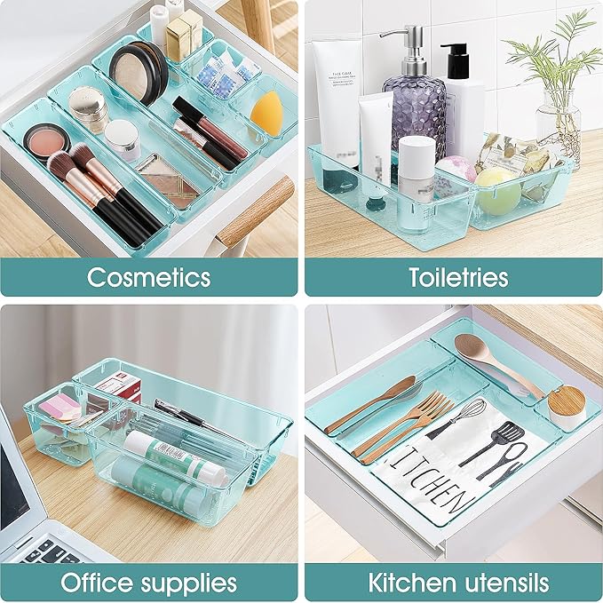 WOWBOX 25 PCS Plastic Drawer Organizer Set, 4 Sizes Desk Drawer Divider Organizers and Storage Bins for Makeup, Jewelry, Gadgets for Kitchen, Bedroom, Bathroom, Office, Sea Blue - Image 5