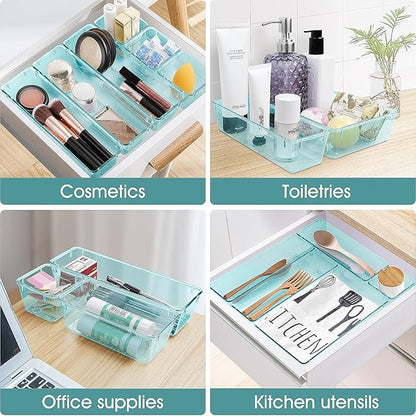 WOWBOX 25 PCS Plastic Drawer Organizer Set, 4 Sizes Desk Drawer Divider Organizers and Storage Bins for Makeup, Jewelry, Gadgets for Kitchen, Bedroom, Bathroom, Office, Sea Blue - Image 5