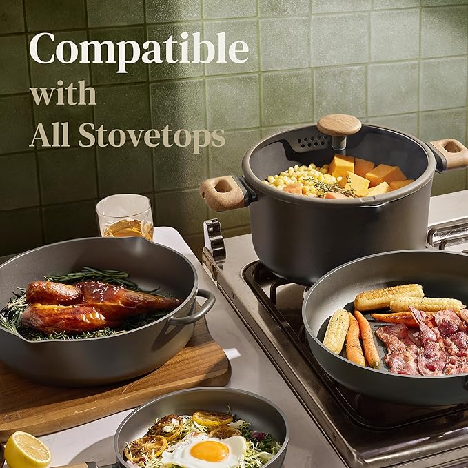 CAROTE Pots and Pans Set Non Stick, 21PCS Cookware Set with Strainer Lid, Induction Cooking Set with Kitchen Utensils, Dark Green - Image 4