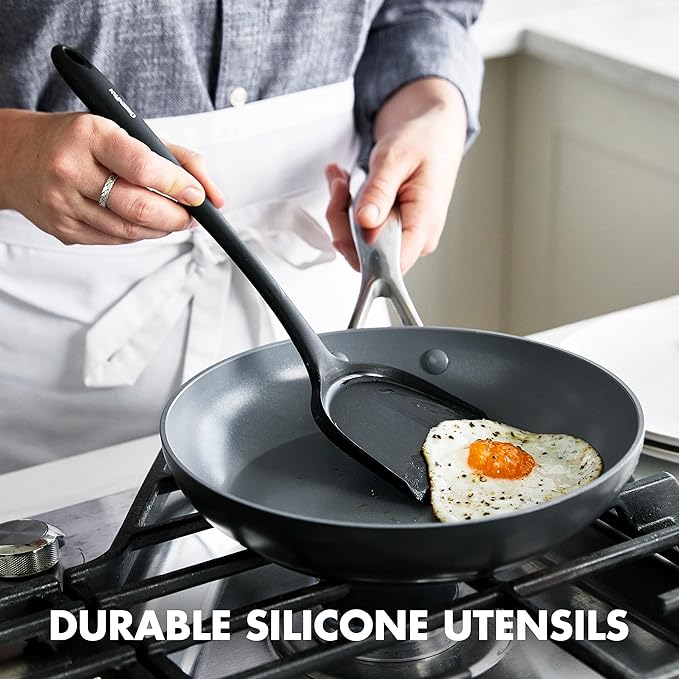 GreenPan 5 Piece Cooking Utensil Set, Flexible Nonstick Silicone, Stain-Free, Tongs, Turner, Spatula, Skimmer, and Slotted Spoon, Black - Image 2