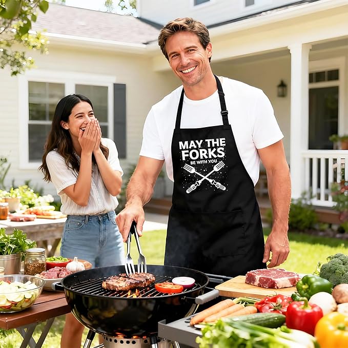 Kaidouma Funny Grill Aprons for Men - May The Forks Be With You - Men’s Funny Chef Cooking Grilling BBQ Aprons with 2 Pockets - Birthday Father’s Day Christmas Gifts for Dad, Husband, Movie Fans