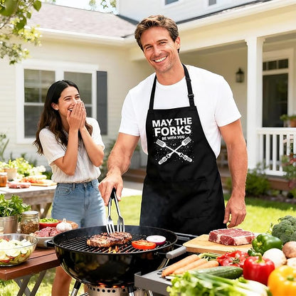 Kaidouma Funny Grill Aprons for Men - May The Forks Be With You - Men’s Funny Chef Cooking Grilling BBQ Aprons with 2 Pockets - Birthday Father’s Day Christmas Gifts for Dad, Husband, Movie Fans
