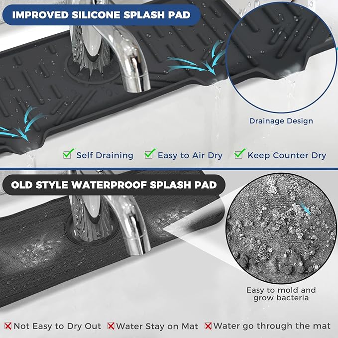 2 Pcs Silicone Faucet Handle Drip Catcher Tray Mat, 2 in 1 Dish Soap Sponge Holder for Kitchen Sink & Sink Splash Guard, Silicone Faucet Mat Drying Mat for Kitchen Sink Accessories, Counter, Bathroom - Image 8