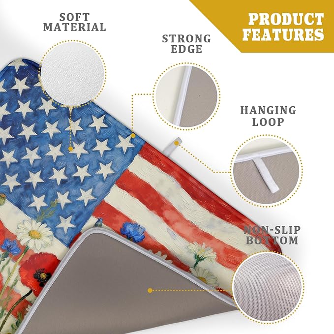 Patriotic American Flag Dish Drying Mat for Kitchen Counter 18x24 4th of July Red Blue White Floral Rustic Absorbent Reversible Microfiber Drying Mats Kitchen Countertop Protector Dishes Drainer Pad - Image 4