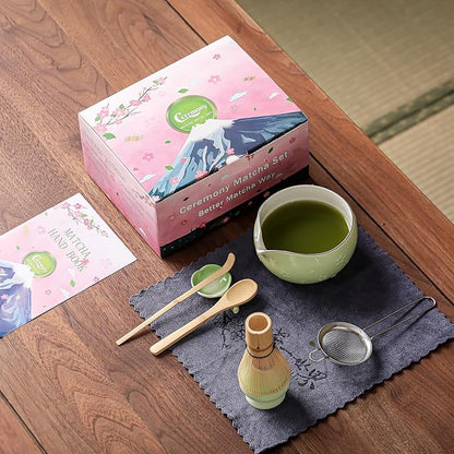 Clay&Fire Matcha Whisk Set, 9 pcs Ceramic Matcha Set, Gifts for Women,Matcha Bowl with Spout and Whisk, Matcha Kit for Matcha Lovers, Ideal Gift Christmas, Birthday, Anniversary (Cherry Bloom-Green) - Image 2