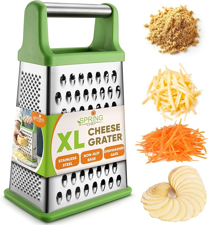 Spring Chef Green Professional Stainless Steel XL Parmesan Cheese Grater with Handle - 4 Sided Box Grater for Kitchen - Dishwasher Safe Food Shredder for Carrot, Potato, Vegetables, Ginger, Hash Brown by SpringChef