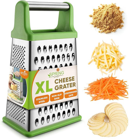Spring Chef Green Professional Stainless Steel XL Parmesan Cheese Grater with Handle - 4 Sided Box Grater for Kitchen - Dishwasher Safe Food Shredder for Carrot, Potato, Vegetables, Ginger, Hash Brown by SpringChef