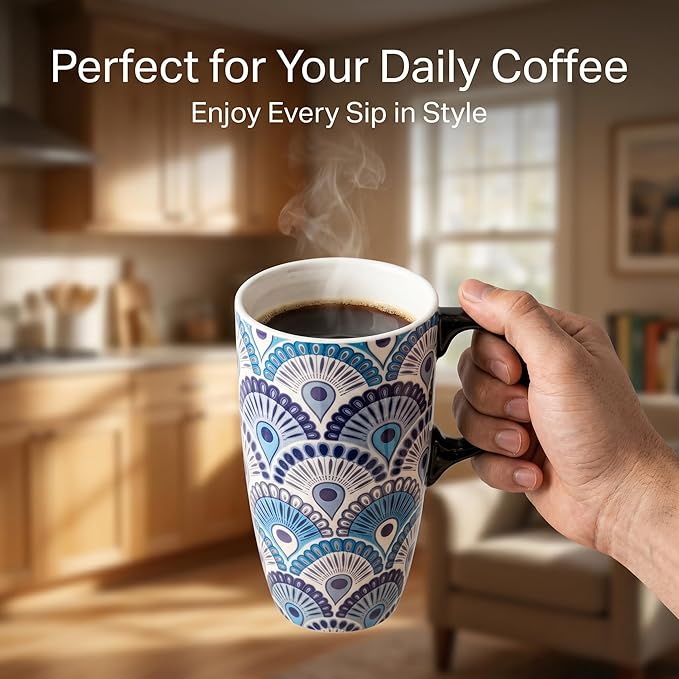 Topadorn Ceramic Travel Mug with Lid and Handle Ceramic Coffee Mug Ceramic Latte Teacup in Color Box 17 Oz, Splash Resistant Lid - To Go Tumbler for Car Cup Holder, Blue