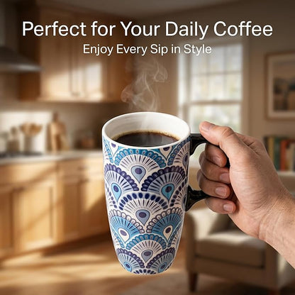 Topadorn Ceramic Travel Mug with Lid and Handle Ceramic Coffee Mug Ceramic Latte Teacup in Color Box 17 Oz, Splash Resistant Lid - To Go Tumbler for Car Cup Holder, Blue