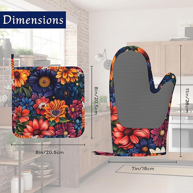 Colourful Flowers Potholders & Oven Mitts Sets Spring Floral Silicone Heat Resistant Oven Mits and Hot Pads Non-Slip Pot Holders Gloves for Kitchen Chef Cooking Baking Grilling BBQ