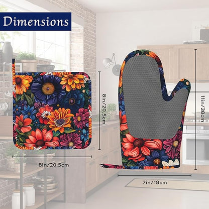 Colourful Flowers Potholders & Oven Mitts Sets Spring Floral Silicone Heat Resistant Oven Mits and Hot Pads Non-Slip Pot Holders Gloves for Kitchen Chef Cooking Baking Grilling BBQ