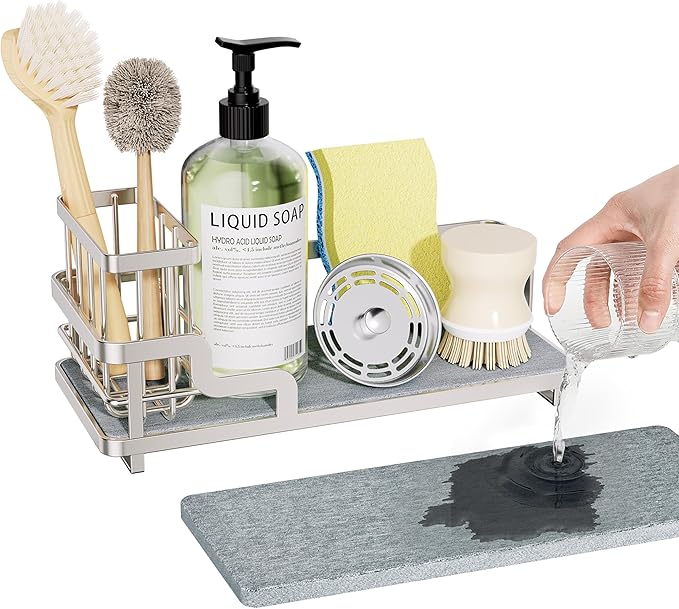Consumest Sponge Holder for Kitchen Sink - Sink Caddy Organizer with Water Absorbing Stone Tray, Detachable Brush Holder, Stainless Steel Kitchen Counter Organizer Rack, Sand Nickel by Consumest