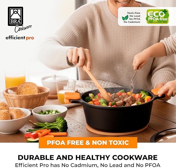 BRA COOKWARE Efficient Pro Nonstick Stock Pot w/Lid | 8 Inch 3.2 Quart Cooking Pot | 3-Layer Scratch Resistant Coating | PFOA Free Deep Pot | All Cooktops | Oven Safe up to 425°F (w/o Lid-Handles)