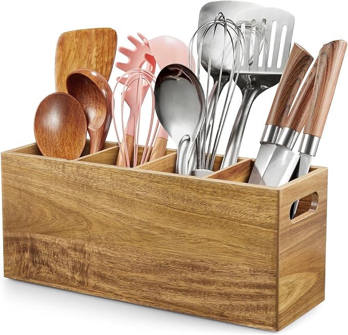 ALELION Acacia Wood Utensil Holder with Removable Divider - 4 Compartment Wooden Utensil Caddy Organizer for Kitchen Counter - Cooking Utensil Crock for Countertop by ALELION