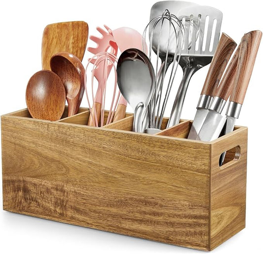 ALELION Acacia Wood Utensil Holder with Removable Divider - 4 Compartment Wooden Utensil Caddy Organizer for Kitchen Counter - Cooking Utensil Crock for Countertop by ALELION